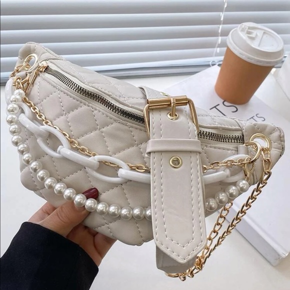ReminisceMe Handbags - Fanny pack quilted Pearl cream chain womens bag crossbody chic